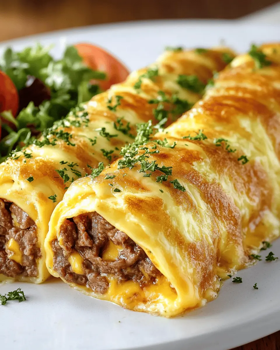 Beefy Omelet Rolls with Melted Cheese First Image First Image