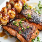 Blackened Salmon Steaks with Shrimp and Bacon Skewers First Image First Image