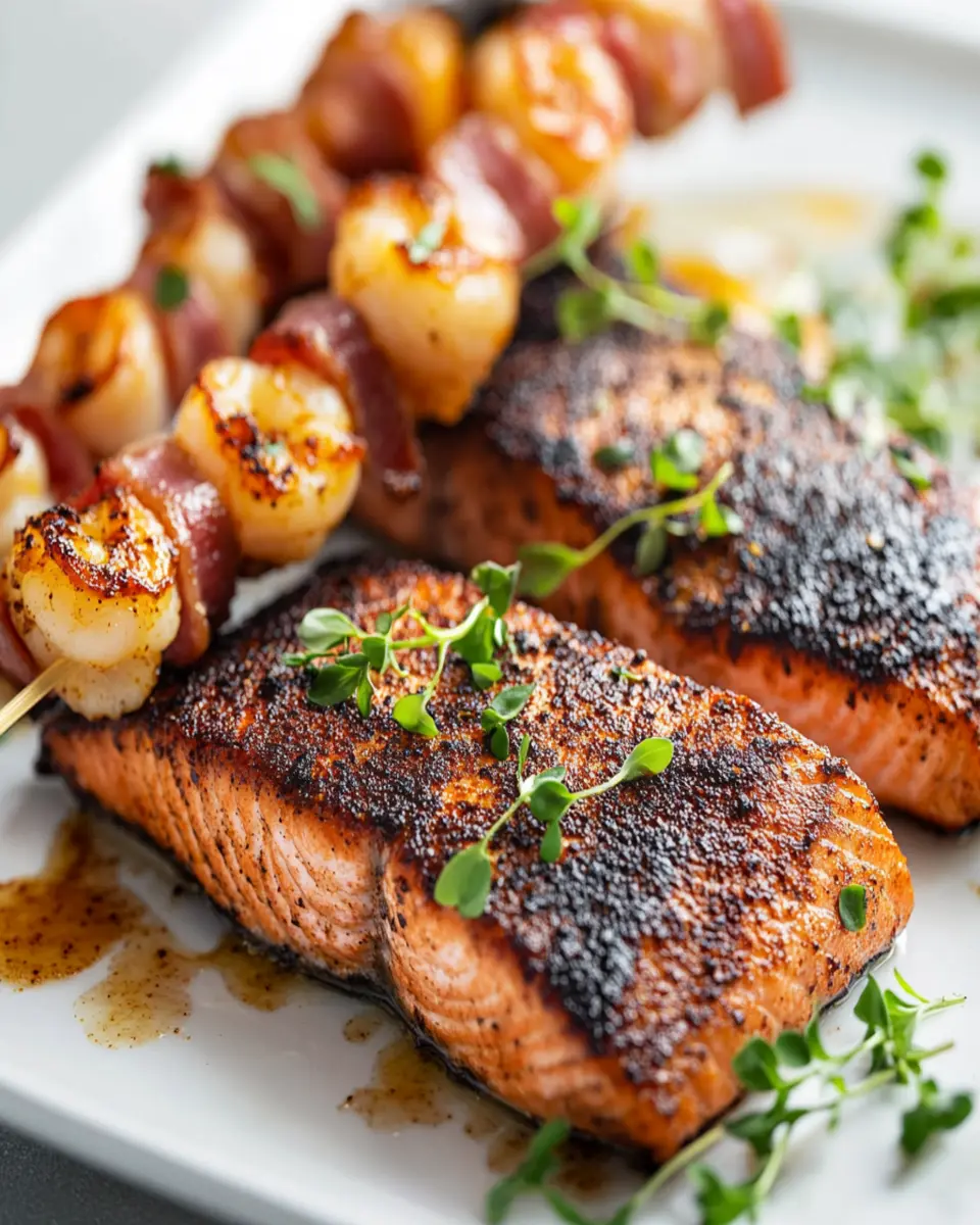 Blackened Salmon Steaks: Indulgent Shrimp & Bacon Skewers!