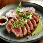 Seared Ahi Tuna with Crispy Bacon Bits and Wasabi Butter First Image First Image