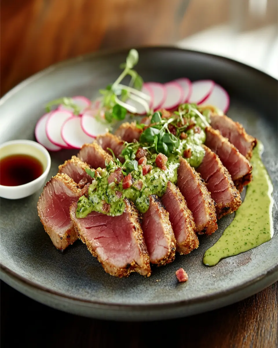 Seared Ahi Tuna with Crispy Bacon Bits and Wasabi Butter First Image First Image