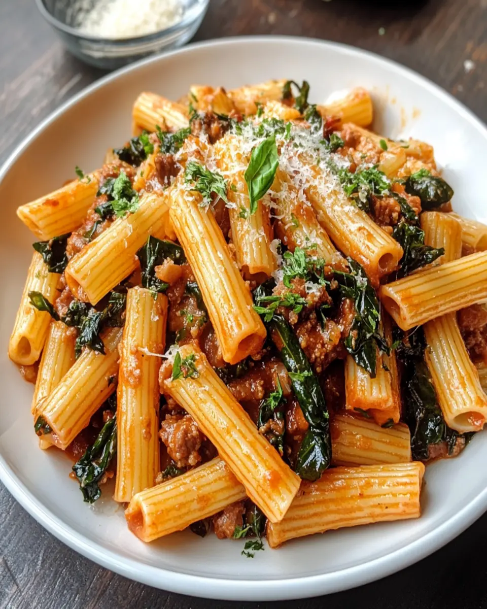Rigatoni with Meat Sauce and Swiss Chard First Image First Image