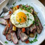 Smoked Brisket Slices with a Fried Egg and Tallow Jus First Image First Image