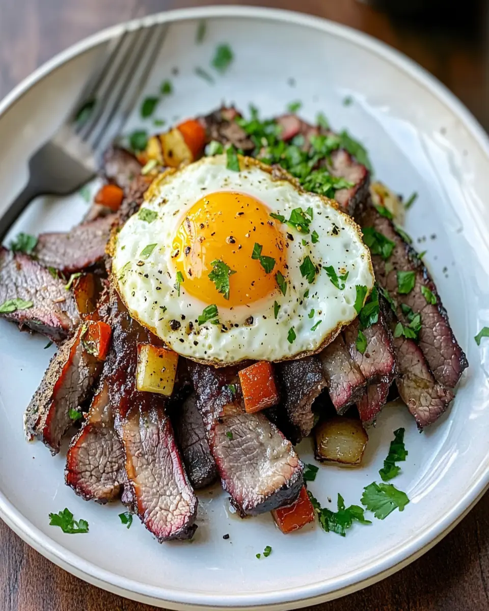 Smoked Brisket Slices with a Fried Egg and Tallow Jus First Image First Image