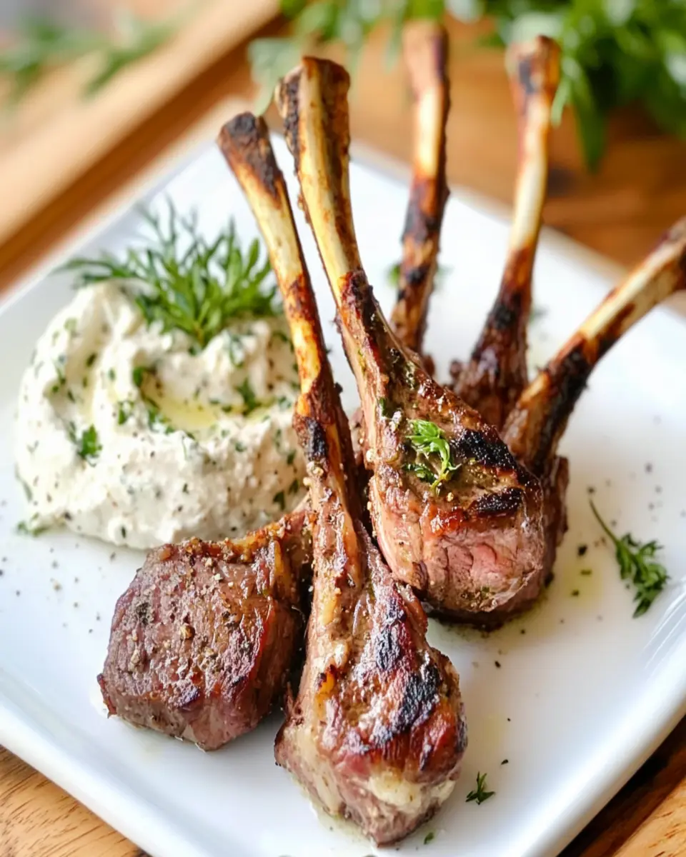 Lamb Lollipops with a Whipped Feta and Heavy Cream Dip First Image First Image