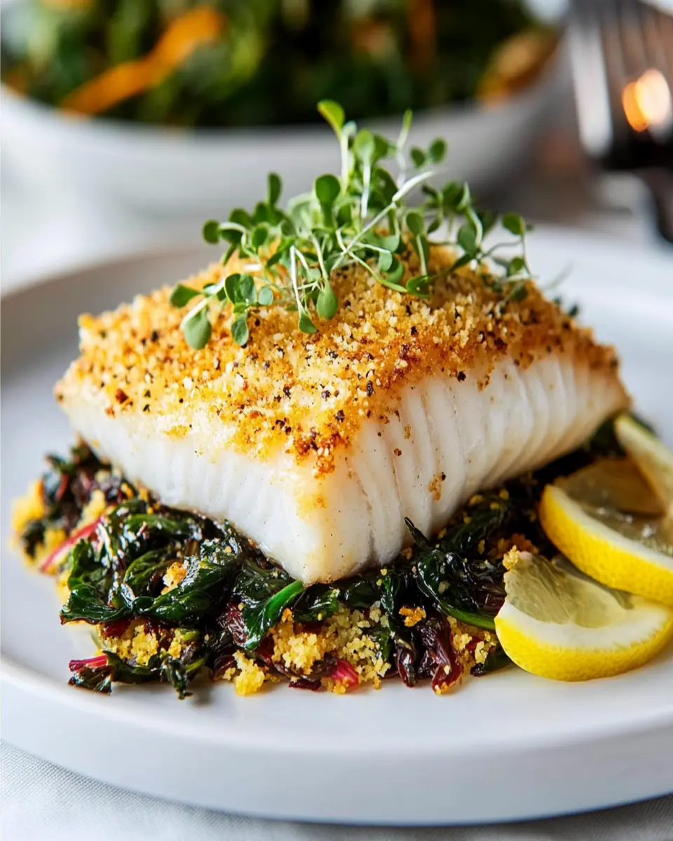 Panko-Crusted Halibut with Swiss Chard First Image First Image