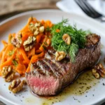 Garlicky Steak With Carrot, Walnut and Dill Salad First Image First Image