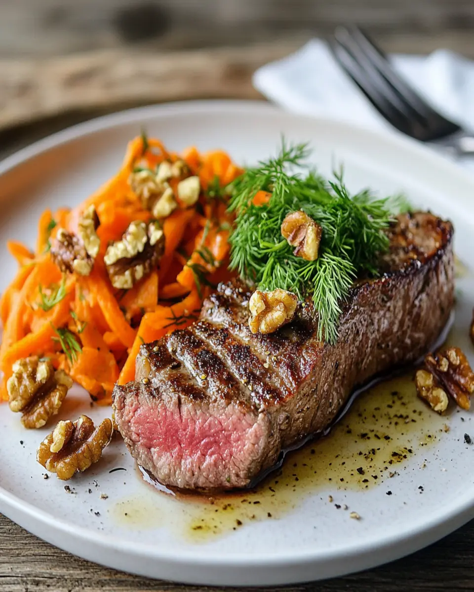 Garlicky Steak With Carrot, Walnut and Dill Salad First Image First Image