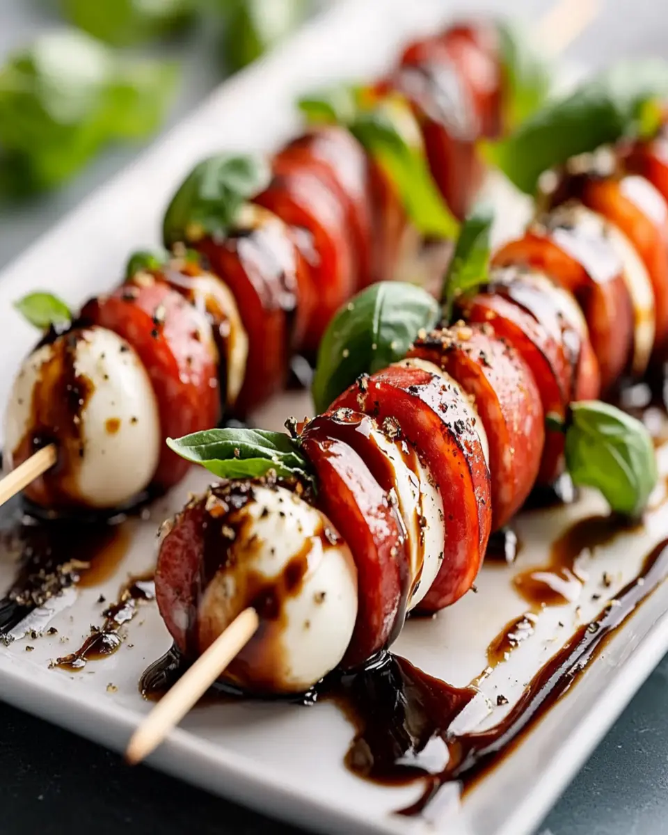 Salami-Wrapped Mozzarella Skewers with a Balsamic Glaze First Image First Image