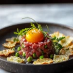 Beef Tartare with Cured Egg Yolk and Parmesan Crisps First Image First Image