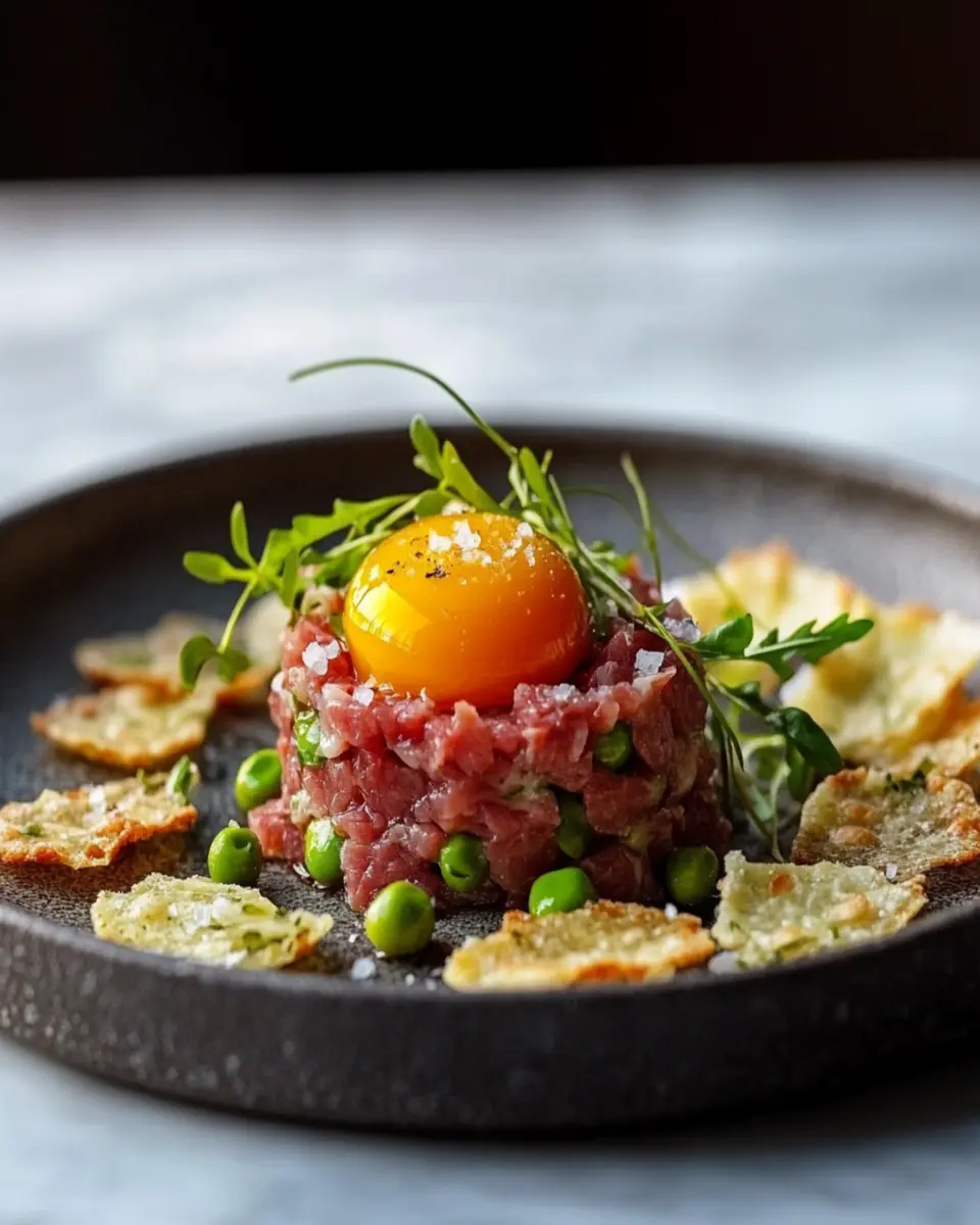 Beef Tartare with Cured Egg Yolk and Parmesan Crisps First Image First Image