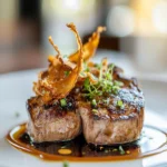 Pan-Fried Veal Chops with Crispy Chicken Skin Strips First Image First Image