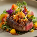 Salted Duck Egg Yolk Crumble over Steak First Image First Image